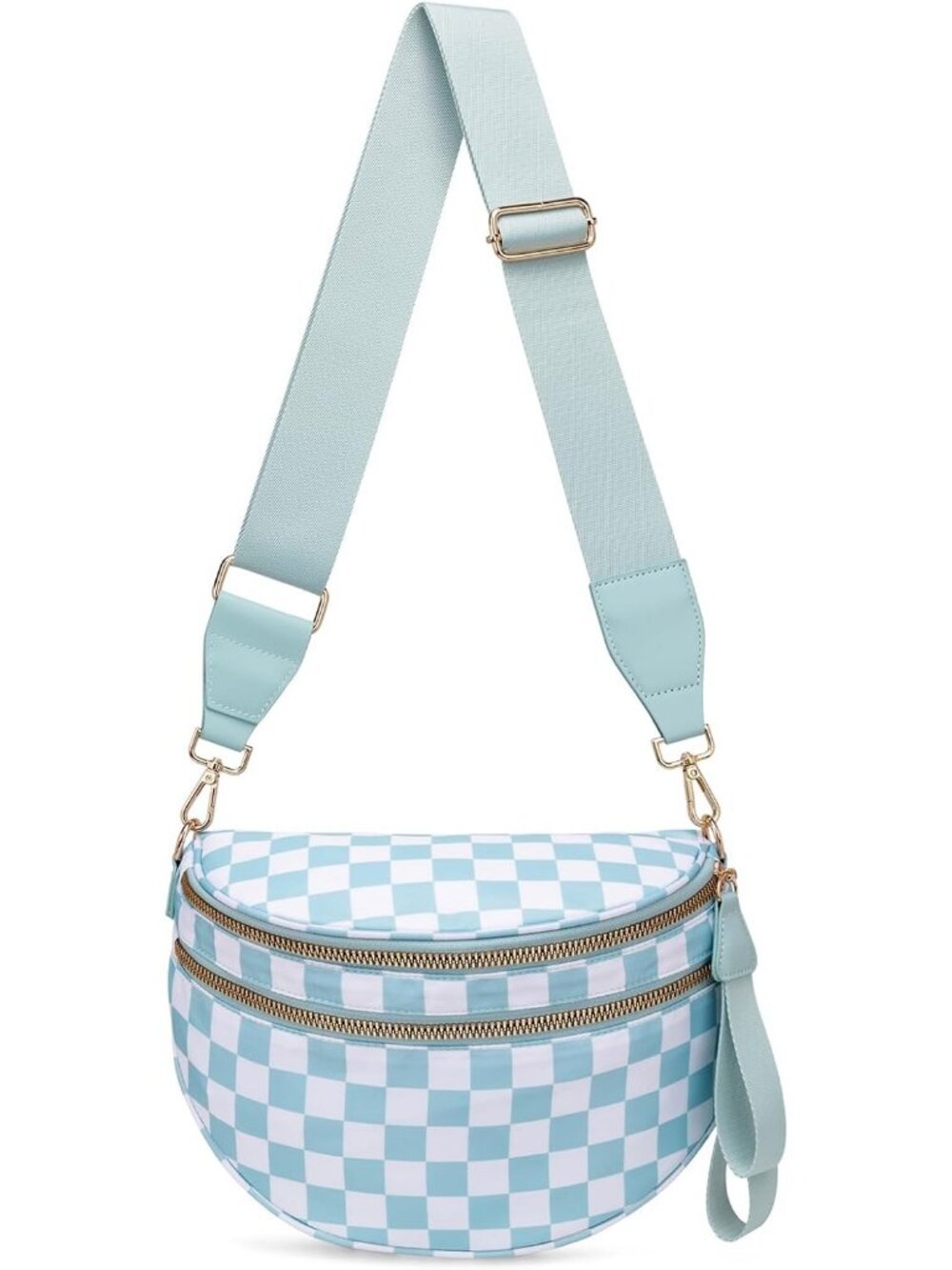Womens Light Blue Pure Color Checkered Nylon Fanny Pack Travel Crossbody Bag